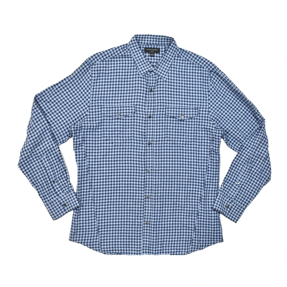 Banana Republic Shirt Mens Large L Blue Gingham Plaid Slim Fit Long Sleeve Cotto